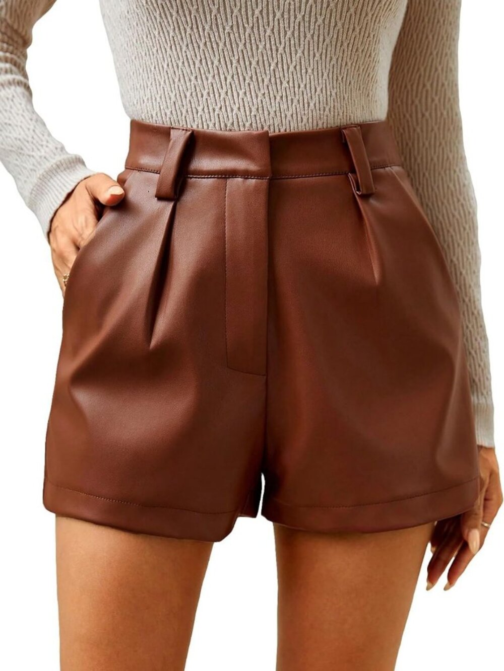 Chic High Waisted Pleated Wide Leg Dressy Shorts in PU Leather for Women